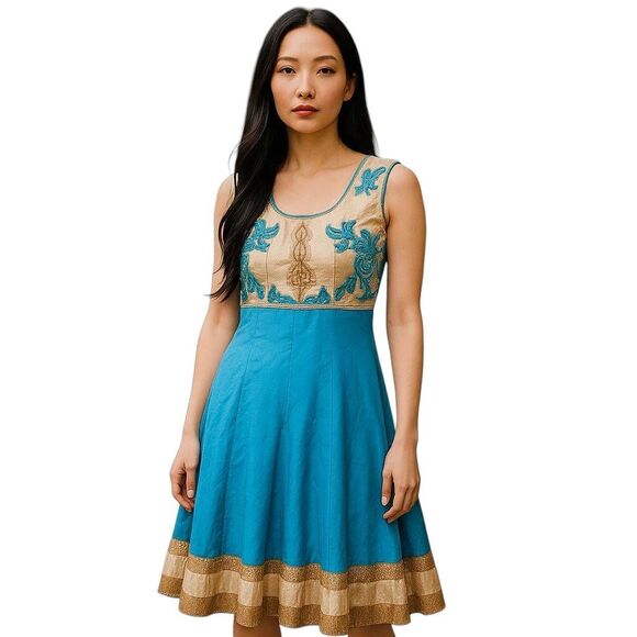 India Gold Border Sky Blue Turquoise Beads & Rhinestones Anarkali Long Dress - Picture 1 of 9